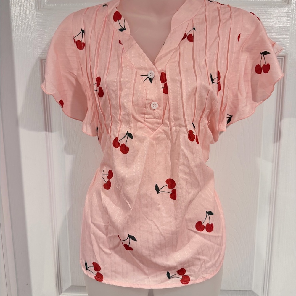 Cherry Print Pink Women's Blouse NWOT